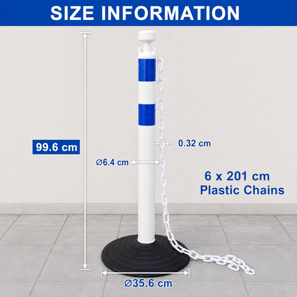 Set de 6 postes de seguridad de 99,6 cm con cadenas de plástico de 2 m, portátiles, para delimitación de áreas, obras, parkings y eventos (Blanco y azul)