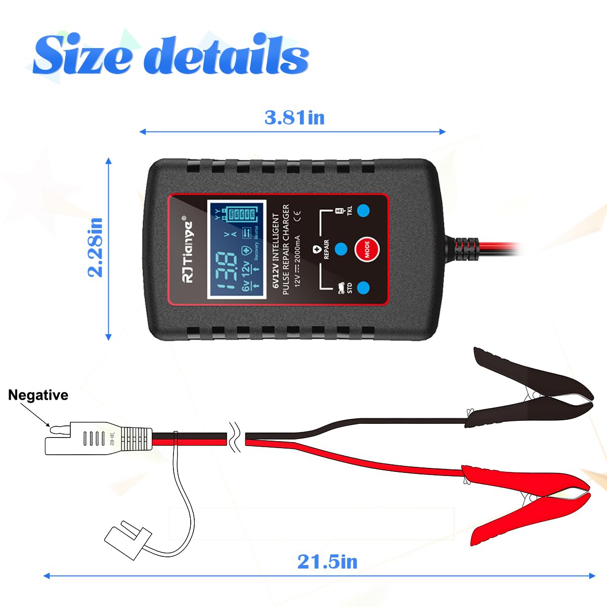 zipelo Car Battery Charger, 6V 12V Automatic Smart Trickle Battery Charger, Intelligent Pulse Repair Charger with ASE Adapter Cable, Battery Desulfator for Motorcycle Lawn Mower Marine