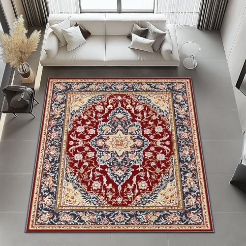 Genérico Alfombra Salon Azul Rojo 60x90 cm, Antideslizante Alfombras Dormitorio Lavables en Lavadora Tradicional Textura Persa Vintage Pequeño Tapete Pelo Corto Rugs de Salon Comedor Habitacion