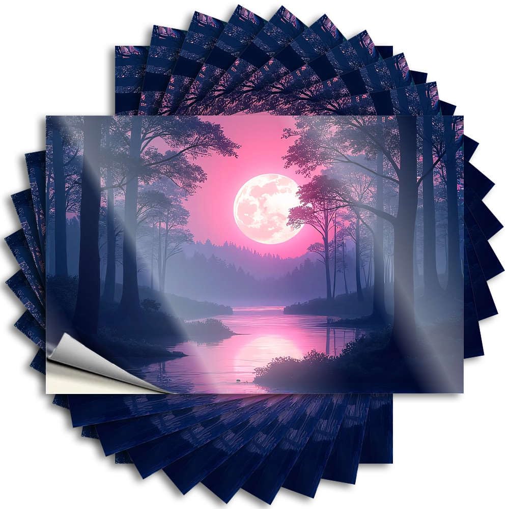 Camper Decor, Tattoo Inside Wall Moonlit Forest with Serene River Reflecting Pink Hues | Small Waterproof Vinyl Stickers(6X9CM)