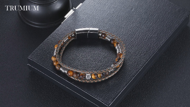 Pulsera trenzada marrón de cuero con ojo de tigre para hombre y mujer miniatura 7