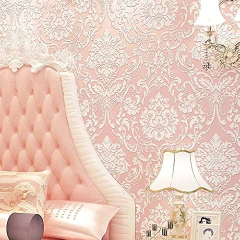 9.5X0.53M 3D Vintage Victorian 5 Colors Luxury Damask Embossed Flock Textured Non-Woven Wallpaper Roll for Bedroom Livingroom 1.73' W x 31.2' L=5.035㎡ (54sq.ft) (Pink) Cover