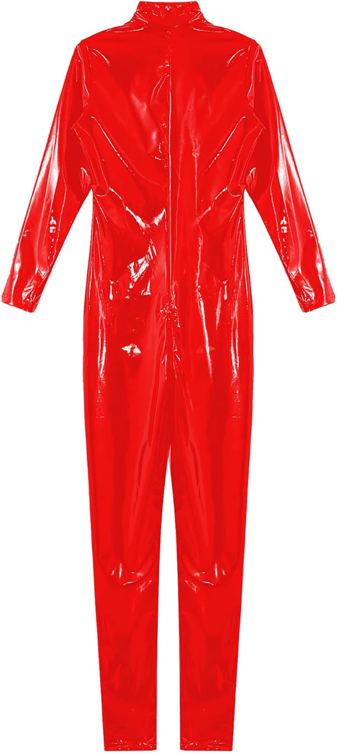 Oyolan Mens Latex Bodysuit Full Body Leotard Long Sleeves Unitard Patent Leather Playsuit Jumpsuit