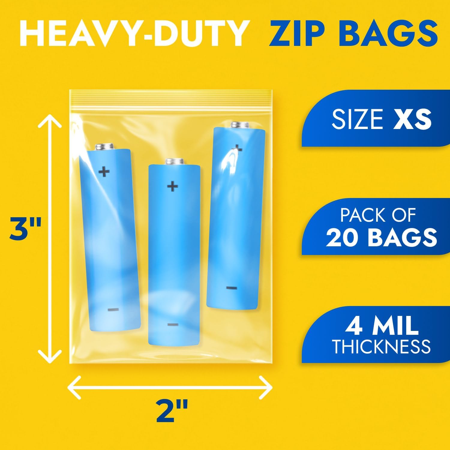 2" x 3" Reclosable Zip Poly Bags, Pack of 20, 4 Mil Clear Zip Bags, Resealable Waterproof for Food, Snacks, Clothes, Travel, Office