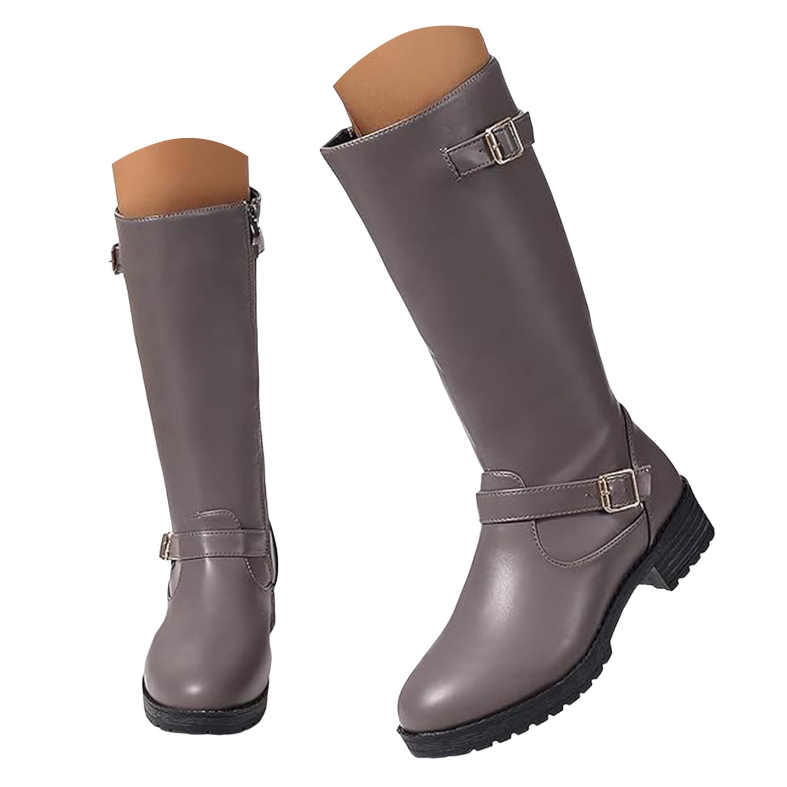 ZSpzx Women Riding Mid Calf Boots Wide Calf Leather Platforms Buckle Straps Chunky Block Heels Round Toe Lug