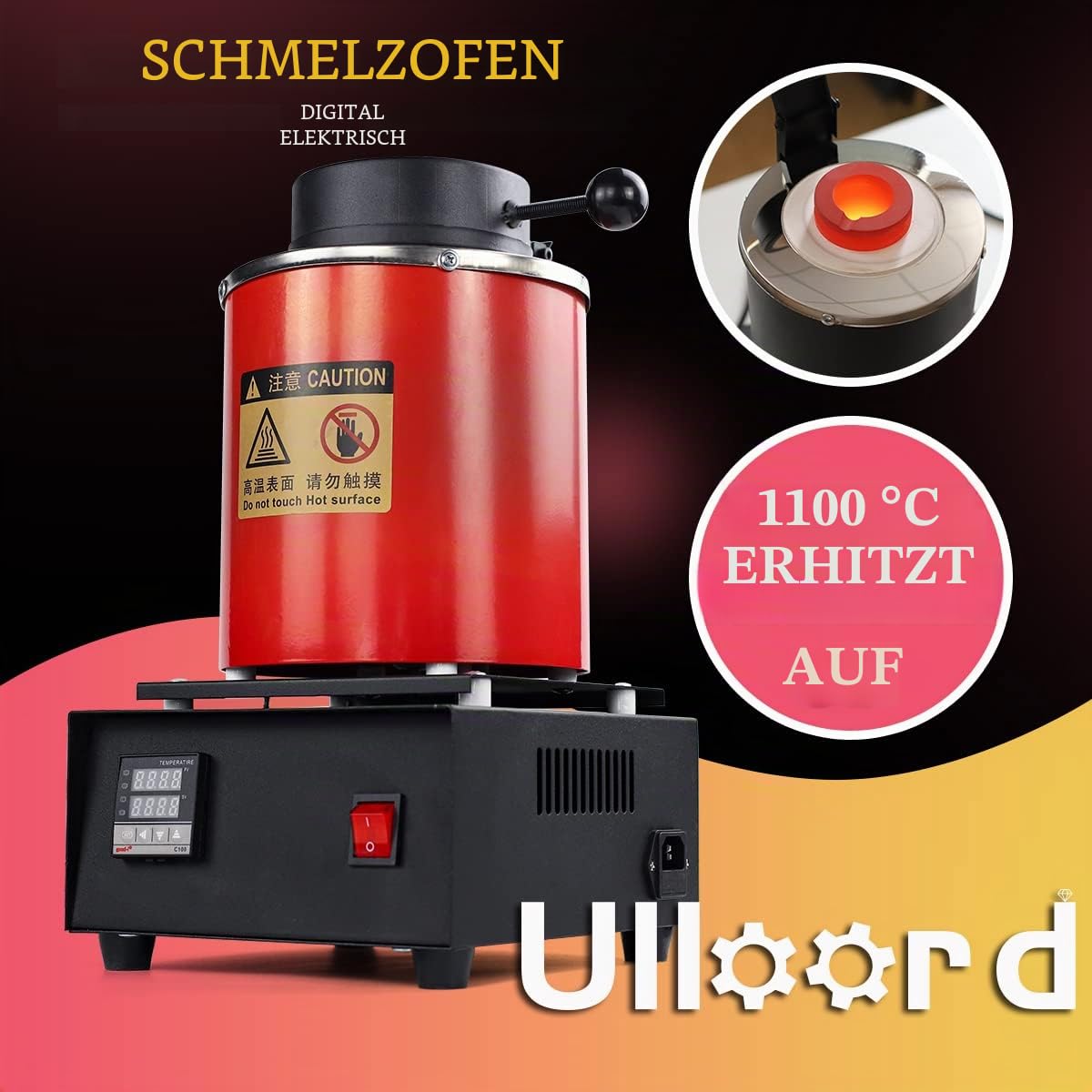 3 kg Gold-Schmelzofen, 1400 W 2000 F, digitaler elektrischer Schmelzofen mit Graphit-Tiegel für Schmelzkratzer, Silber, Gold, Kupfer, Aluminium, 220 V Verfeinerung des Gussefens
