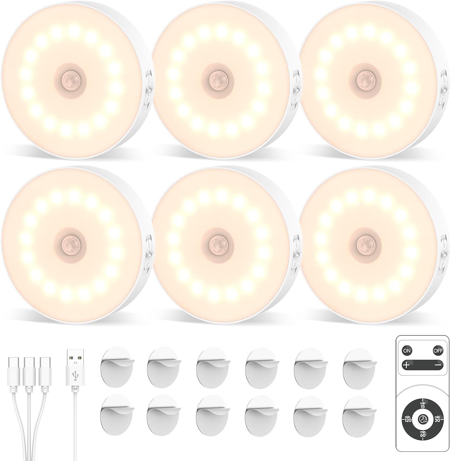 JVURICE 6PCS Schranklicht mit Bewegungsmelder, 16 LED-Chips Schrankbeleuchtung mit Fernbedienung-10h Dauerlicht, 4 Timer-Stufen, Dual-Sensor (Licht/Bewegung) für Küche, Flur, Treppe, Kleiderschränke