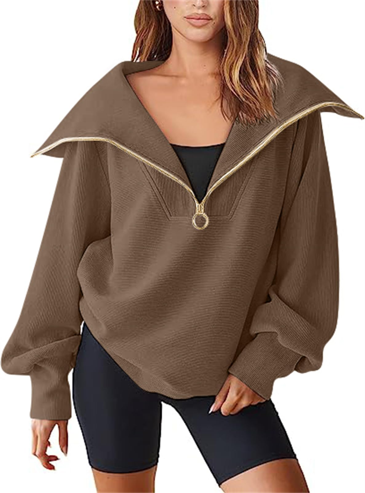 SotRongQuarter Zip Sweatshirt Women Oversized Laple Collar Pullover Sweatshirts Long Sleeve Loose Fit Trendy Y2K Fashion Baggy Tops