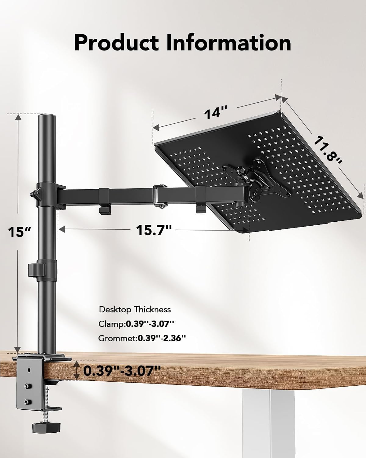 HUANUO Supporto da scrivania per computer portatile, per notebook da 17" o monitor da 15"-32", braccio per laptop con vassoio ventilato, braccio completamente regolabile con inclinazione, girevole e