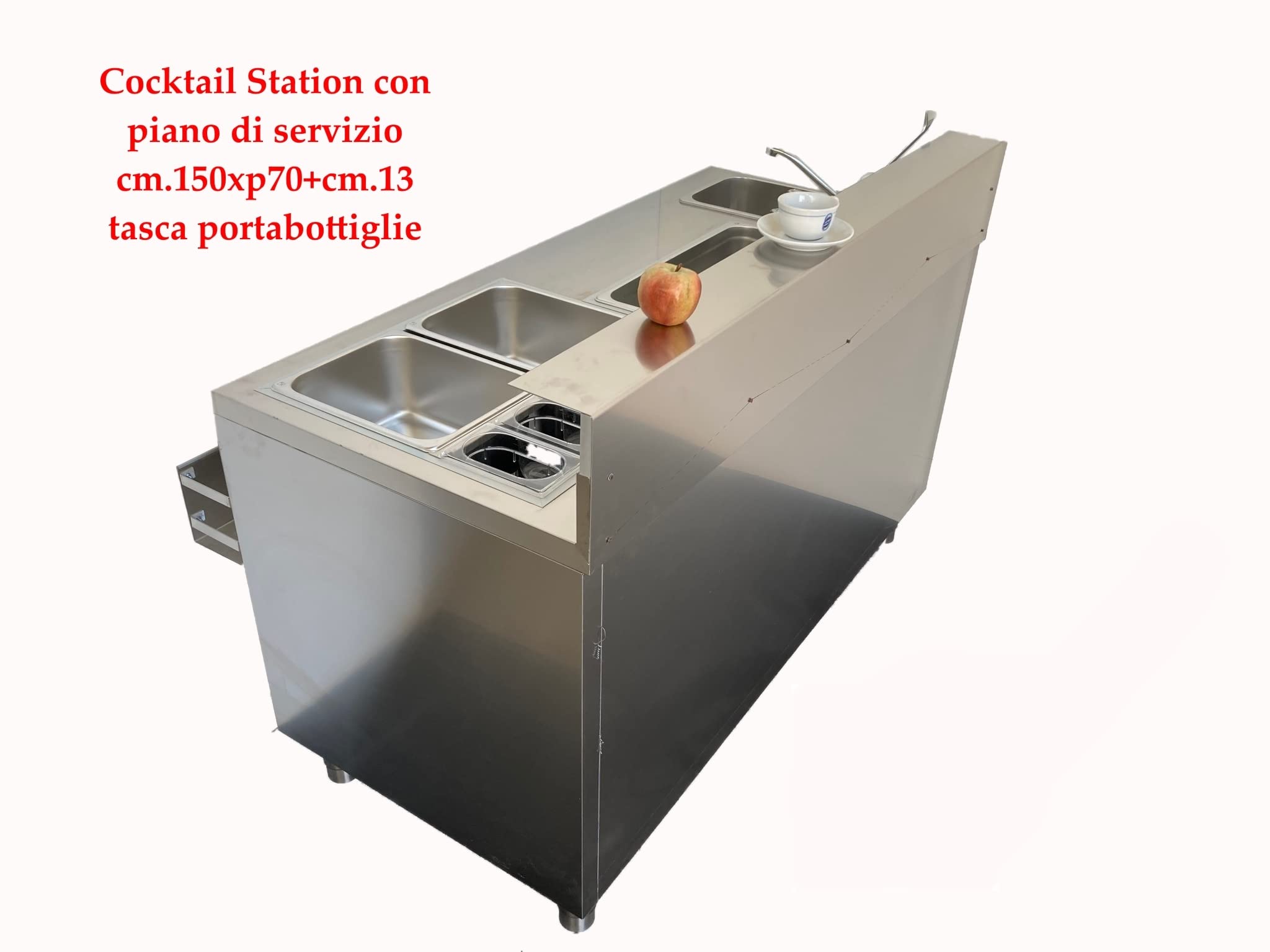 Banco per Cocktail €. 2.034+iva, Cocktail Station in acciaio inox di cm. 150xp70xh107, Con struttura armadiata e antine scorrevoli lato operatore, piano di lavoro attrezzato come da foto