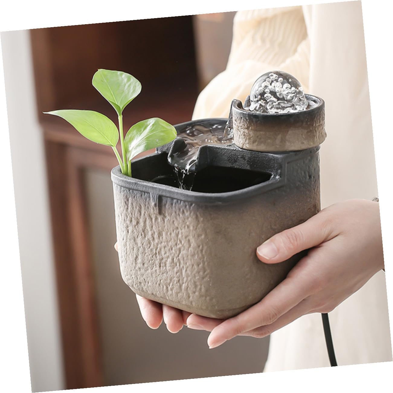 Ceramic Desktop Fountain with Flowing Water and Rotating Ball Small Waterfall Ornament for Office and Home Decor Soothing Tabletop Waterfall Landscape for Stress Relief and Feng