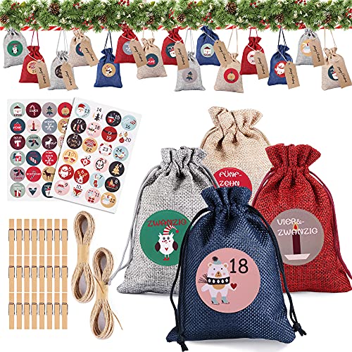 DazSpirit 24 Sac Calendrier De L'avent, DIY Calendrier De L'avent Tissu Remplir Soi Meme, Calendriers De L'avent Sachets en Jute, 2023 Sacs Cadeau De Noël avec 24 Numérique Autocollantset