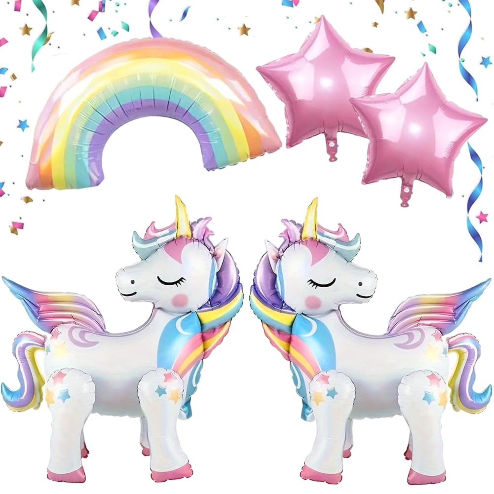 Unicorn Party Decorations,5 PCS 5 PCS unicorn ballons with Rainbow Pink Star,Large Animals Aluminum Inflation Balloons for Pink Birthday Decorations