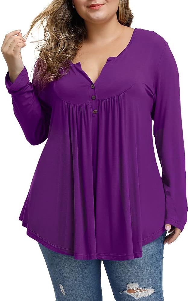 Women's Plus Size Tunics Button Up Henley V Neck Tops Pleated Long Sleeve Tunic Shirts