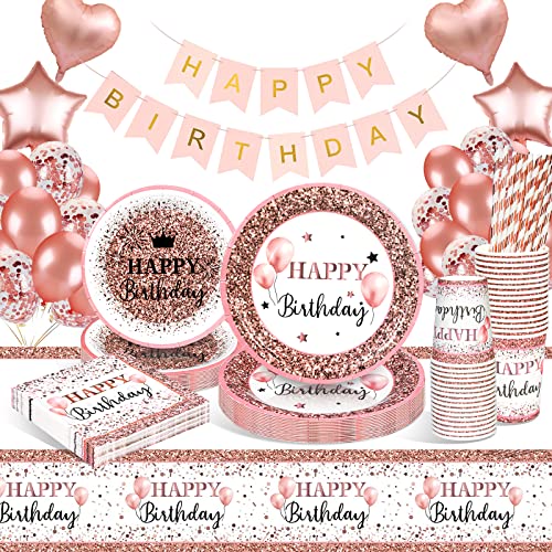 Rose Vaisselle Jetable Anniversaire Fille, Decoration Anniversaire, Assiette Jetable Anniversaire Kit Anniversaire Fille avec Pailles Serviette Papier Anniversaire Nappe pour Baby Shower 16 Invités