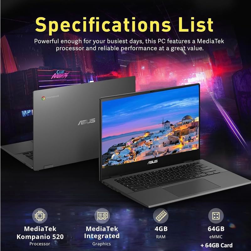 ASUS Chromebook Laptop Student Business 2024, 14" FHD Anti-Glare Display, 8-Core MediaTek Kompanio 520, 4GB RAM, 128GB (64GB eMMC+64GB Card), Webcam, WiFi, 15+ Hrs Battery, Chrome OS +HubxcelAccessory - Image 3