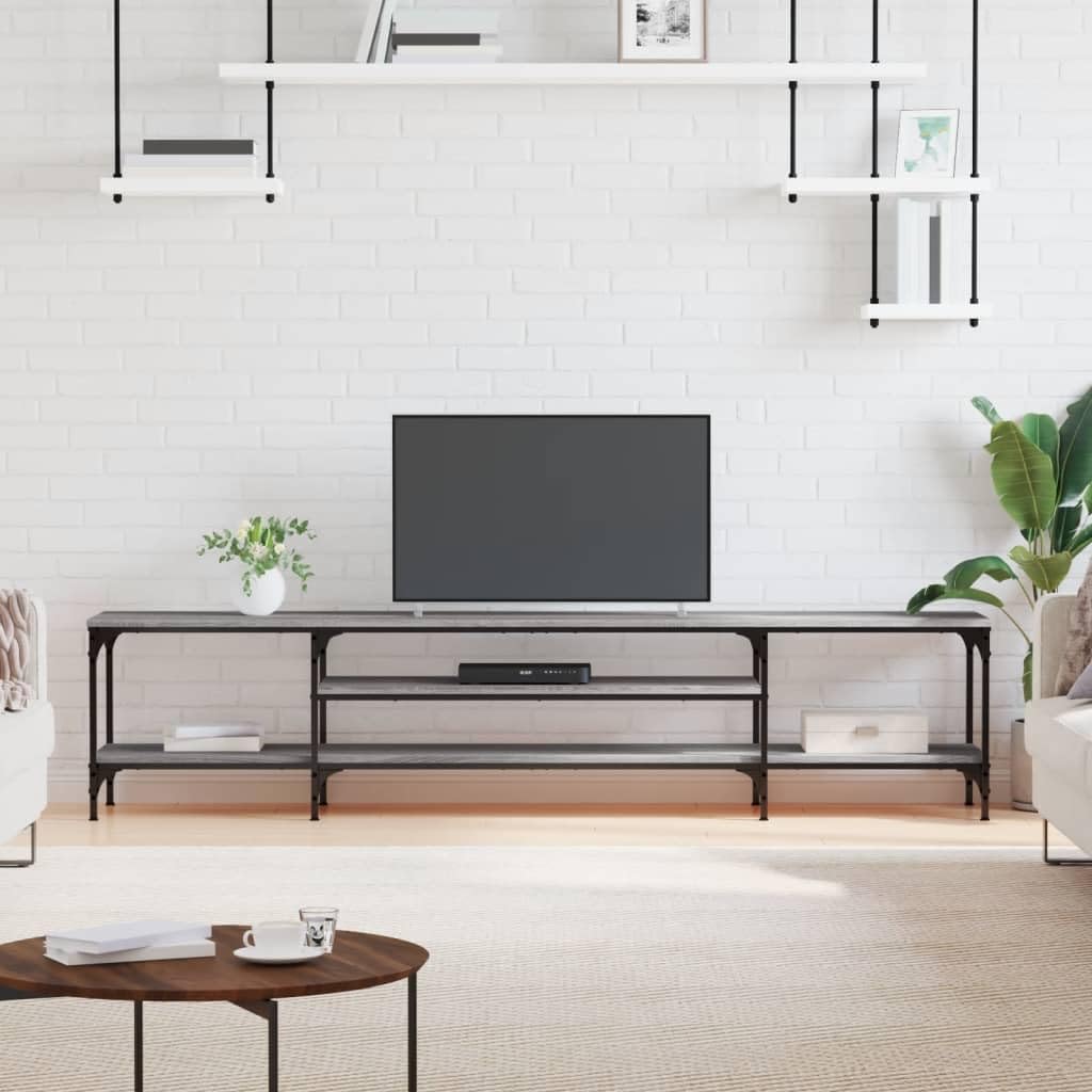 79-Inch Industrial TV Stand, Sonoma Gray Wood and Iron Console | This living room media center features open storage shelves and measures 79 x 14 x 18 inches.