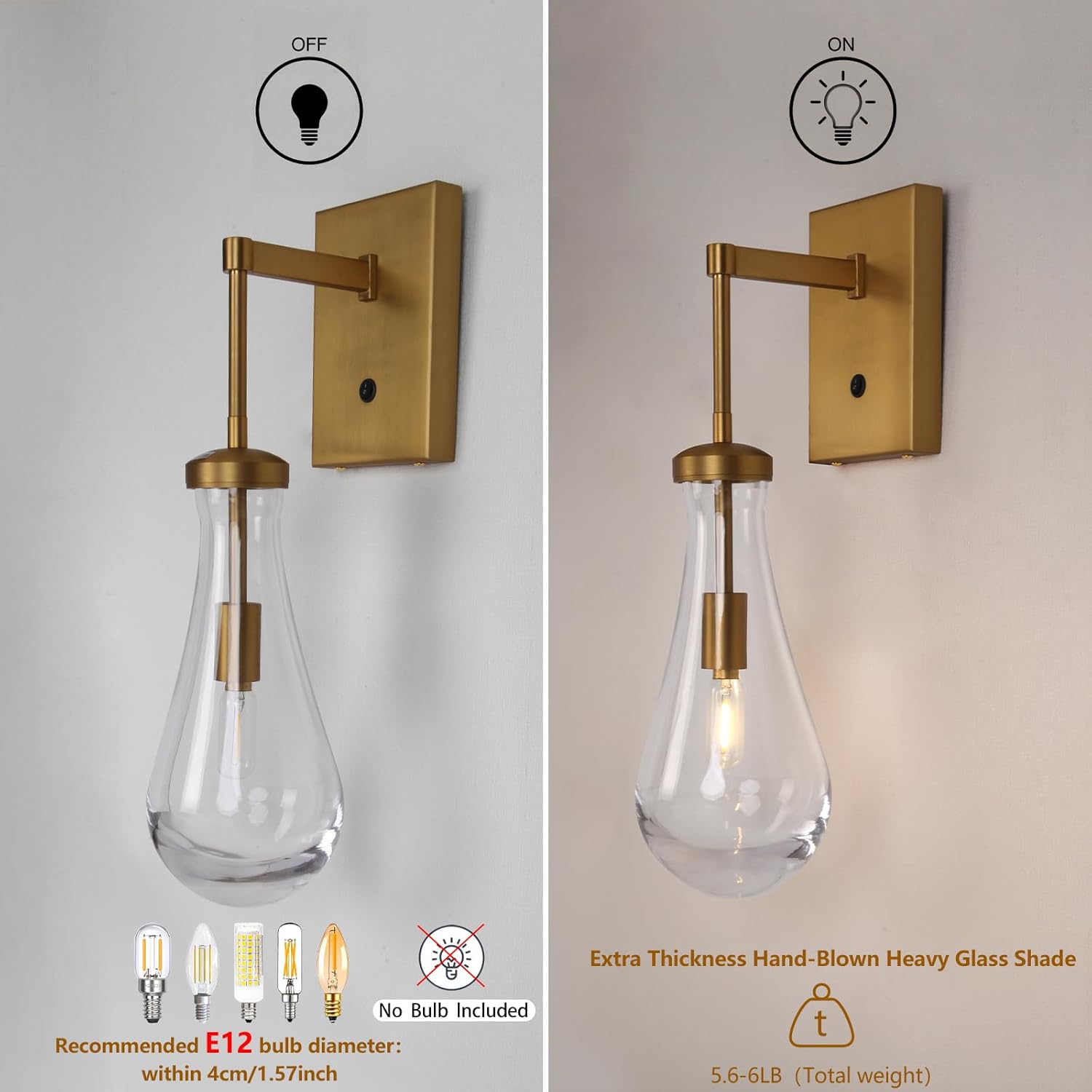 HuisMier Brass Raindrop Wall Sconces, Indoor Wall Sconces with On/Off Switch, Modern Clear Glass Wall Lamp Vanity Light Fixtures for Bathroom Bedroom Living Room Hallway, Hardwired