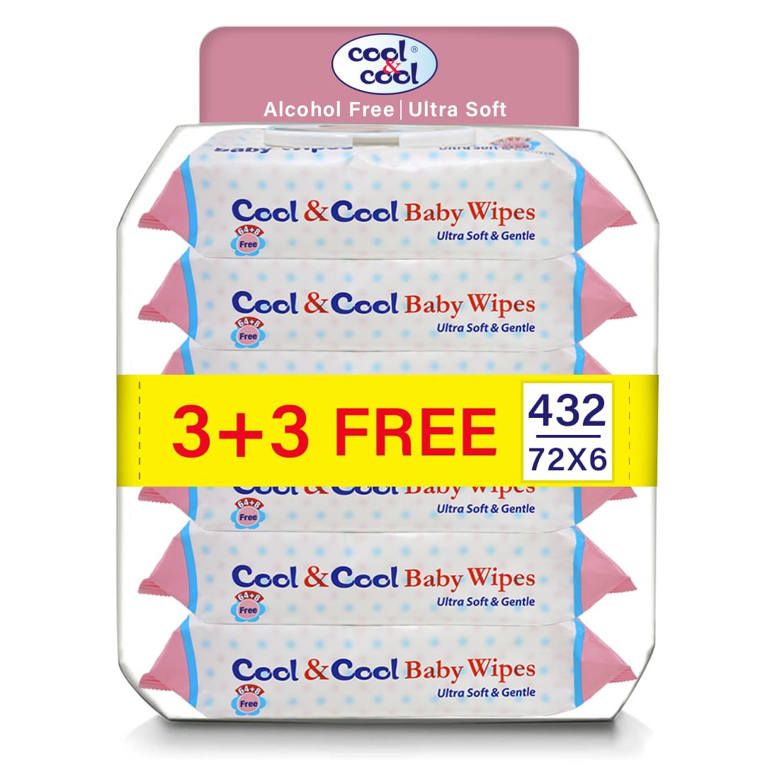 Cool & Cool Baby Wipes 72’s (Pack of 6) - Alcohol Free,Paraben Free,Vitamin E,Aloe Vera,Ultra Soft & Gentle for Sensitive & Delicate Skin - 432 Wipes