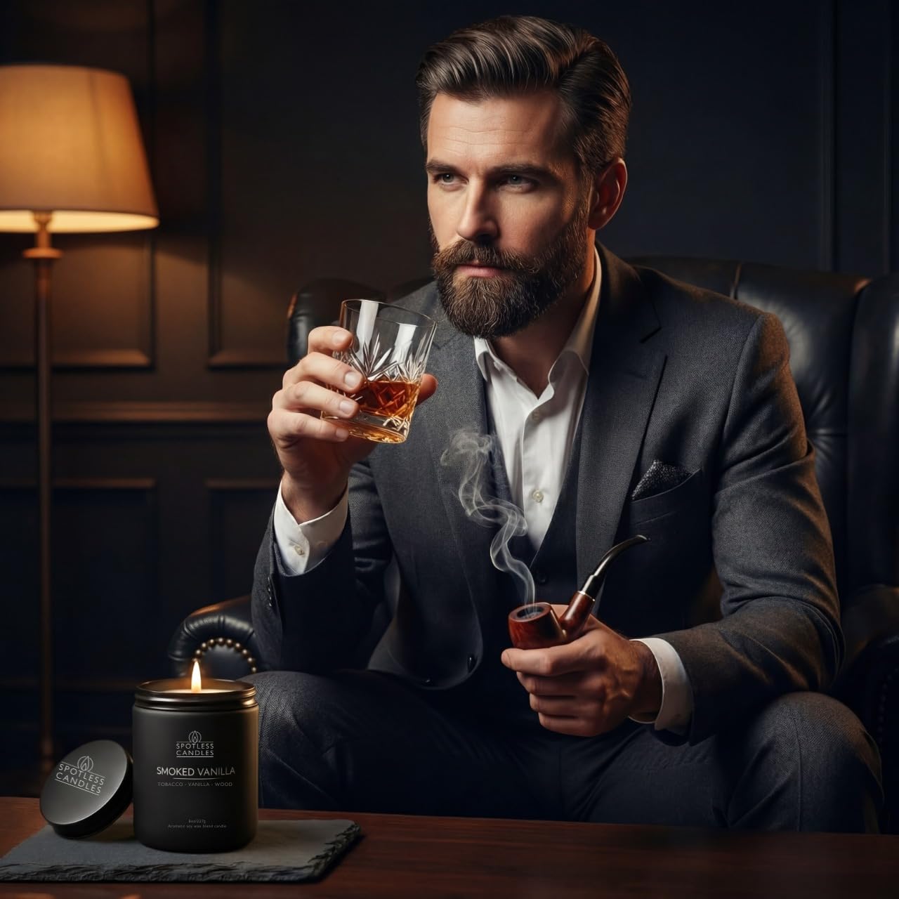 Spotless Candles Coffret cadeau avec 4 bougies parfumées pour homme 226,8 g Rum de baie, goudron de pin, vanille fumée, lavande et bois de cèdre 200 heures de combustion, bocaux en verre noir mat