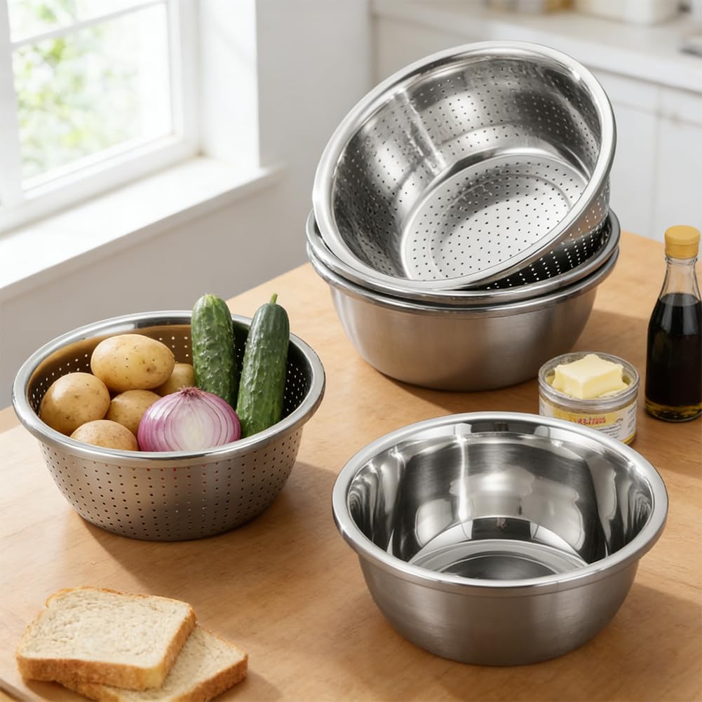 Colino per pasta in acciaio inox, colino cucina, colino per verdure, set di colino in acciaio inox, 22 cm, con ciotola, colino da cucina per lavare pasta, frutta, verdura, lavabile in lavastoviglie (2