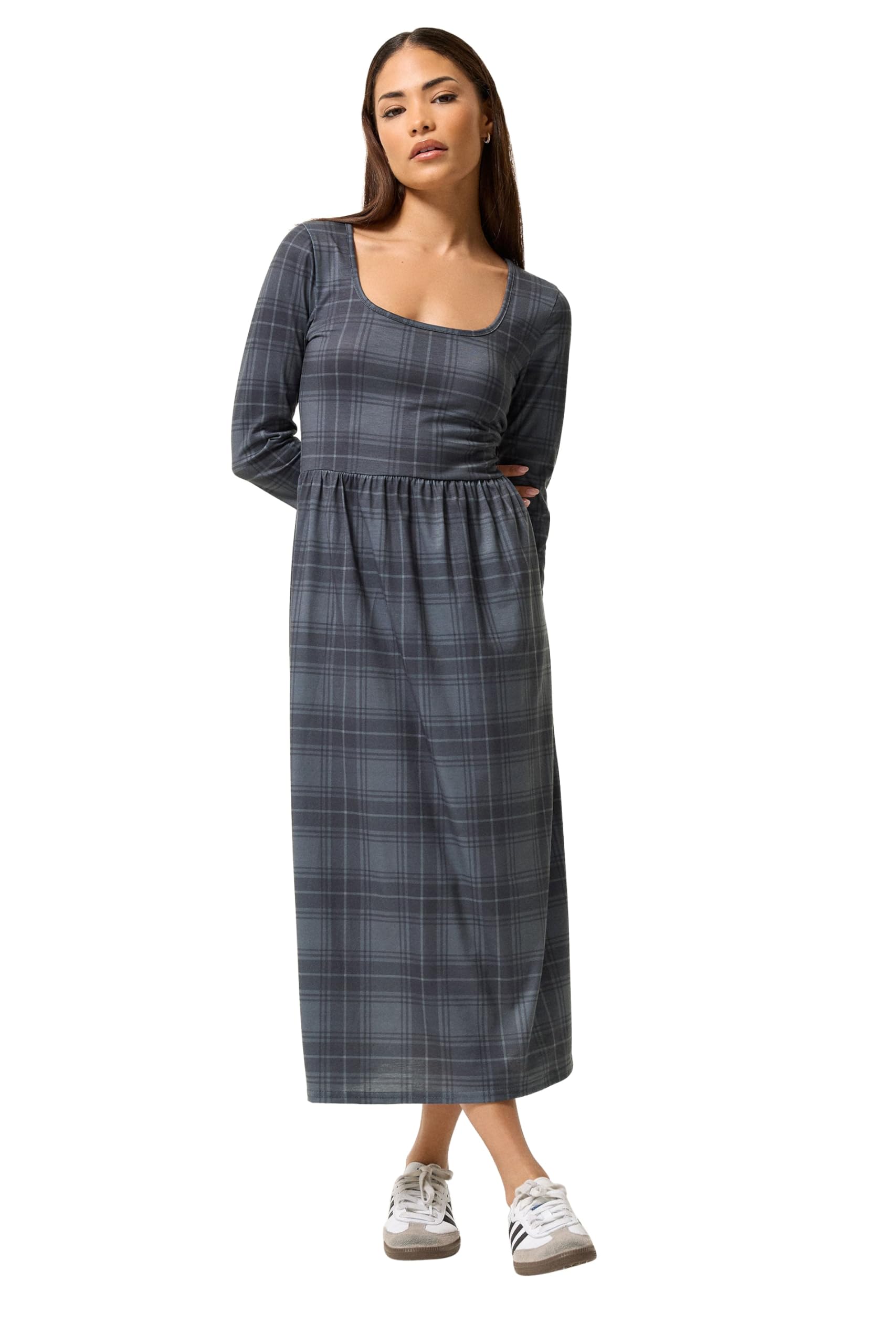 PixieGirl Women's Petite Check Midi Dress in Dark Grey | Size: 10