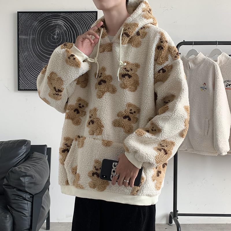 Bear Print Puffy Fuzzy Fleece Hoodies for Men Kawaii Long Sleeve Oversized Hooded Pullovers Autumn Baggy Sweatshirt4