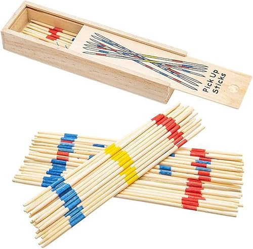 Gamie Juego de palos de madera para recoger, 4 juegos en cajas de madera con tapas, juego clásico de palos de recogida para niños, divertidos