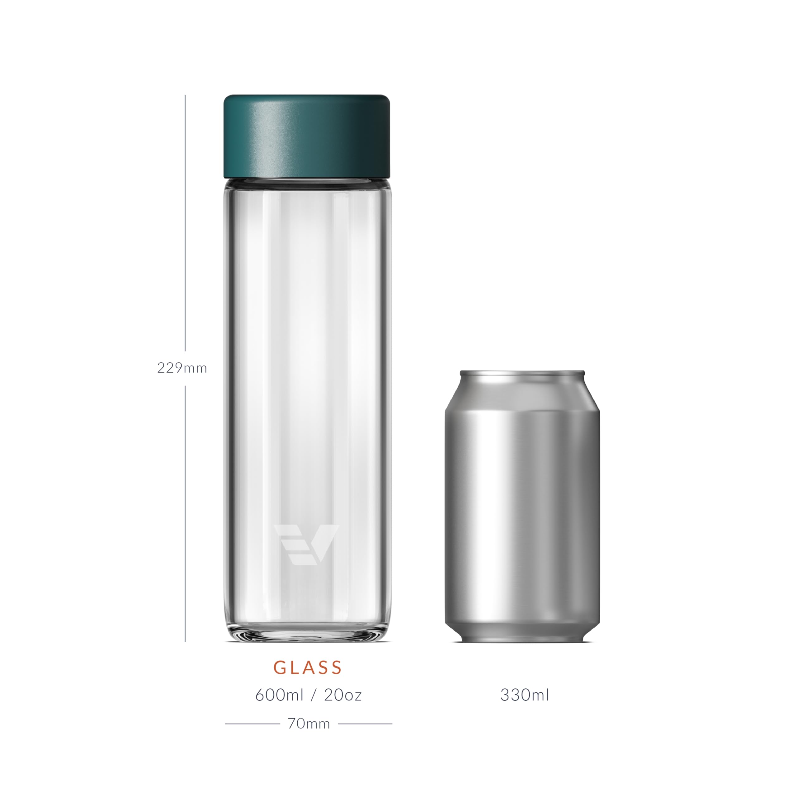 Botella de agua de vidrio de 20 onzas, sin aislamiento, vidrio de borosilicato, apta para lavavajillas, sin contacto de plástico, una experiencia de beber pura, verde azulado