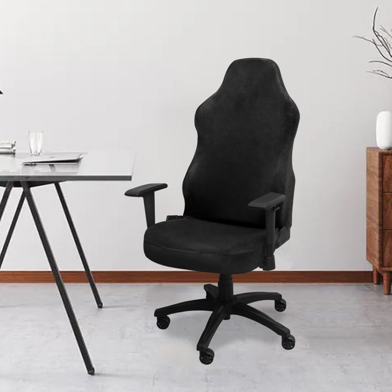 ZRCYXDW Gaming Chair Cover Stretch, Velvet Computer Chair Slipcover Soft with Armrest Covers Removable Gaming Chair Slipcover Washable for Computer Chair Gaming Chair-Black-Large