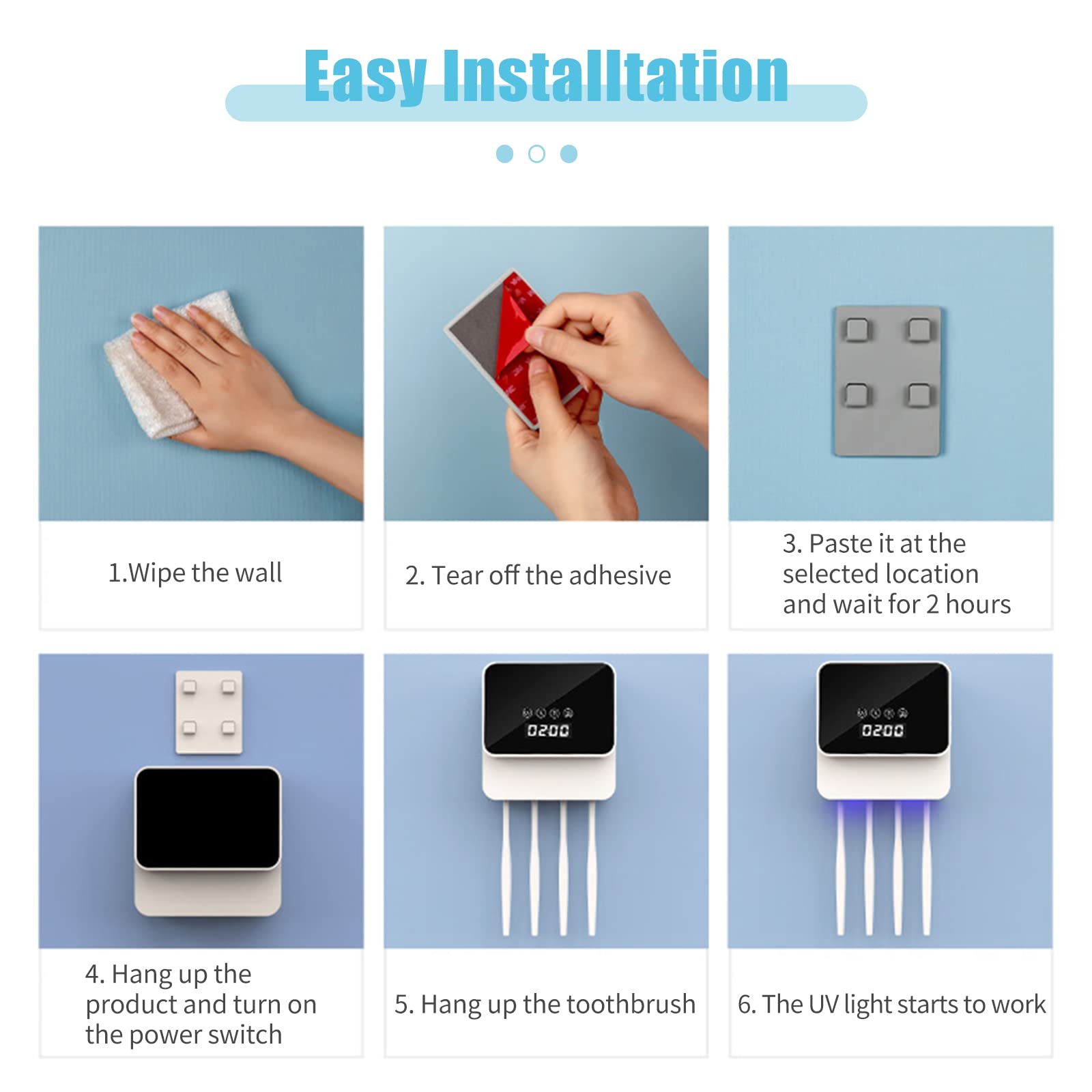 UV-Zahnbürsten-Desinfektionsmittel mit Digitalanzeige, an der Wand montierter Zahnbürstenhalter und -ständer, wiederaufladbar über USB, 4 Steckplätze, für Badezimmer und Waschraum (Weiß)