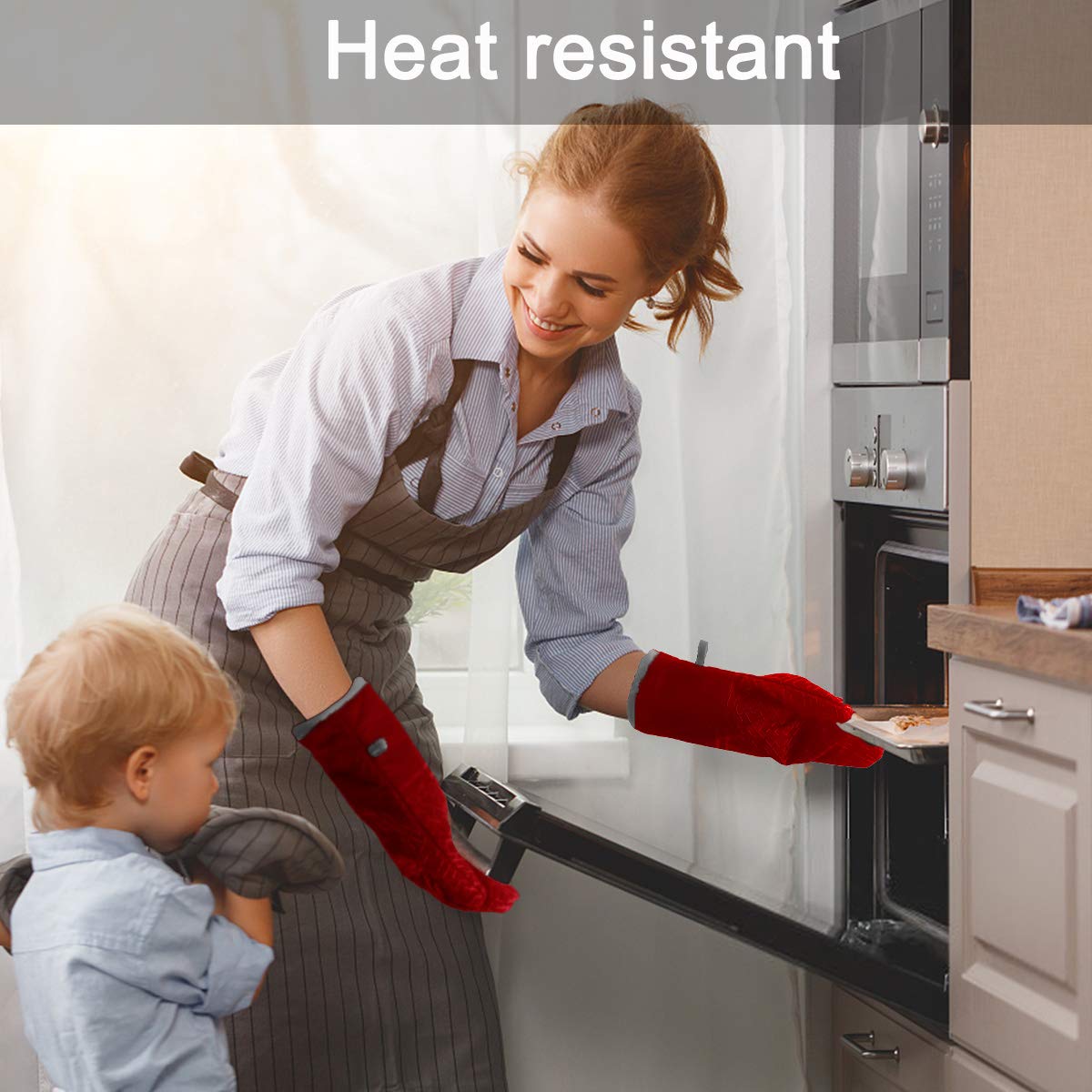 Guantes de Horno, Guantes Horno, Guantes y Agarraderas para Horno, Juegos de Guantes de Silicona Profesionales Antideslizantes Resistentes al Calor, Guantes de Cocina para Cocinar, Hornear y Asar(rojo