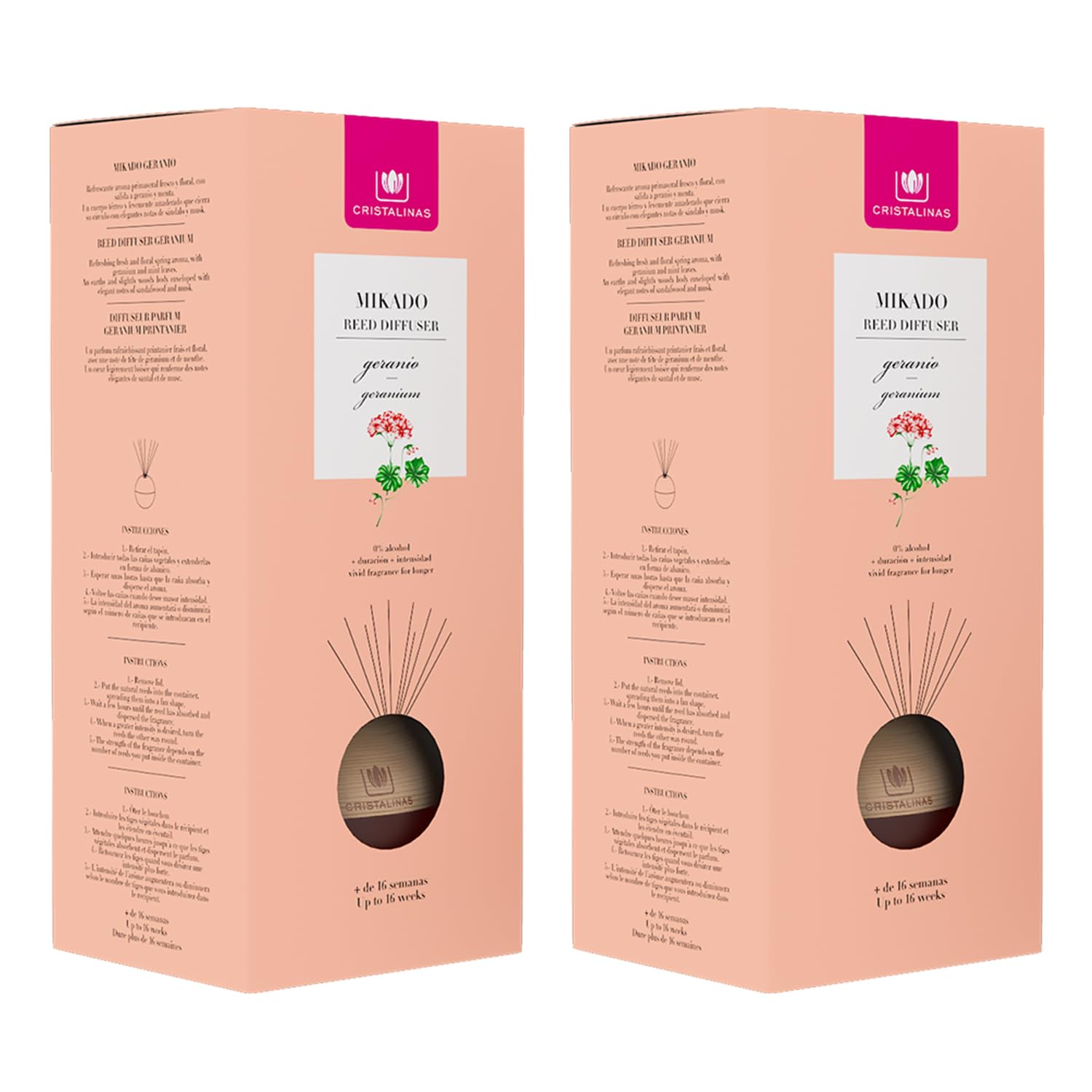 CRISTALINAS | Pack 2 Ambientador Mikado Esfera Premium | Aroma Geranio | 100% Puro | Larga Duración 16 Semanas | Set 2x180ml | 0% Alcohol
