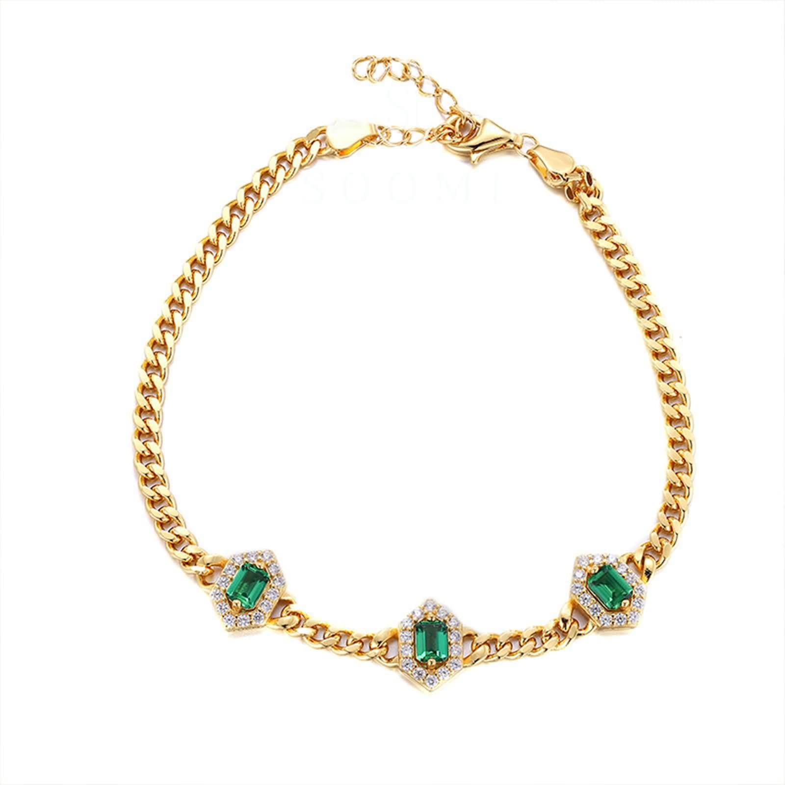 Pulseras de Oro Mujer 9 Kilates / 14 Kilates / 18 Kilates, Rectángulo con Esmeralda Creada de 0,9 ct y Moissanita, Cadena Extensible 16 CM + 5 CM, Pulsera Oro Verde Ajustable Mujer