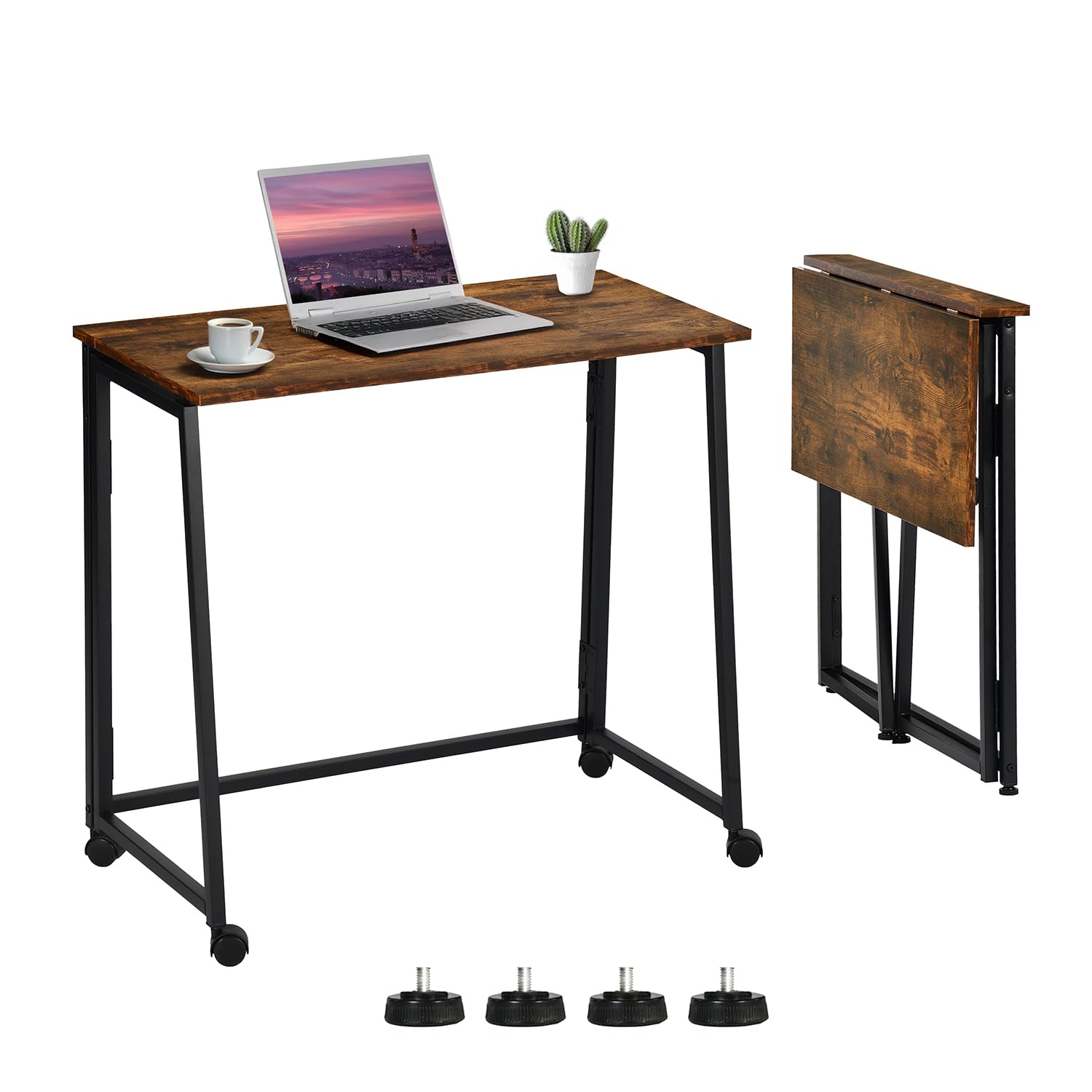 MEUBLE Cosy Escritorio Plegable con Ruedas Mesa de Ordenador para Ahorrar Espacio Oficina Hogar Estudio, Estructura de Acero, Industrial, Montaje Sencillo, Marrón