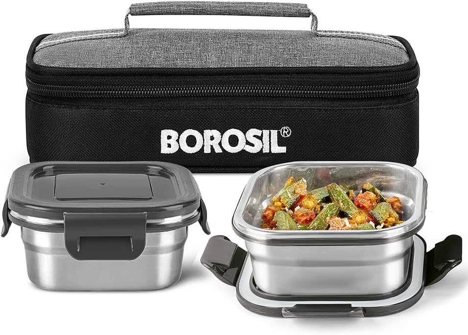 Feast Stainless Steel Lunch Box with Bag | Set of 2 (400 ml Each), Square | Tiffin Box for Office, School & College, Horizontal