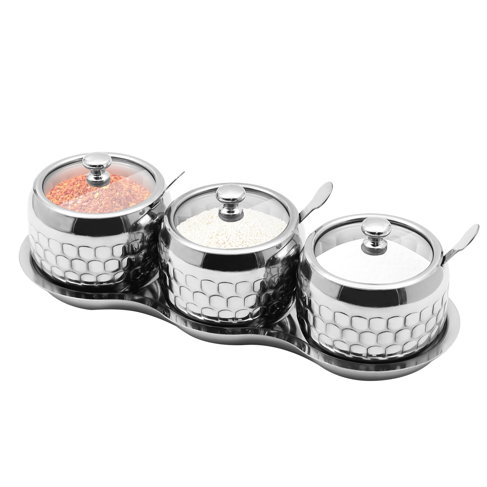 BSDLZCH 3pcs/set Stainless Steel Sugar Bowl Coffee Seasoning Jar Condiment Pot Spice Container Canister Cruet with Glass Lid and Spoon (Steel Tray)