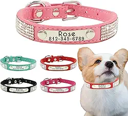 Coleira de couro personalizada para animais de estimação coleira de cachorro com glitter personalizada gravada com o nome e o número de telefone do seu animal de estimação. Possui um design de strass