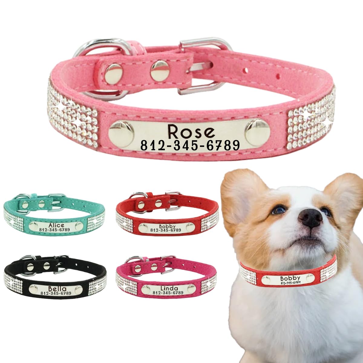 Custom Leather Pet Collar Personalized Glitter Dog Collar Engraved with Your Pet’s Name and Phone Number. Features a Sparkling Rhinestone Design with Adjustable Sizes