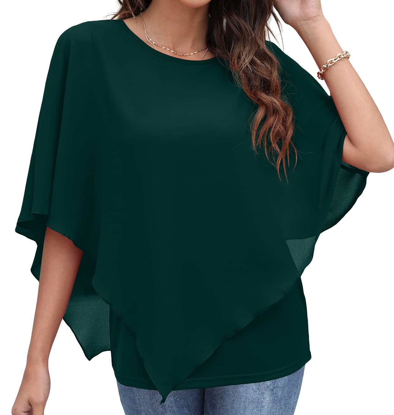 Qixing Summer Casual Loose Round Neck Chiffon Flowy Tops Blouses for Women