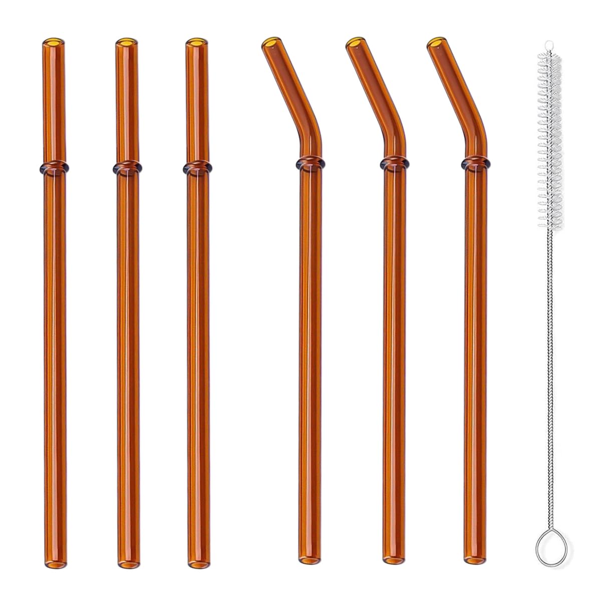 6-Pack Reusable Borosilicate Glass Straws with Cleaning Brush – Heat-Resistant, Eco-Friendly, Perfect for Hot & Cold Drinks, Home, Café, and Party Use（Amber）