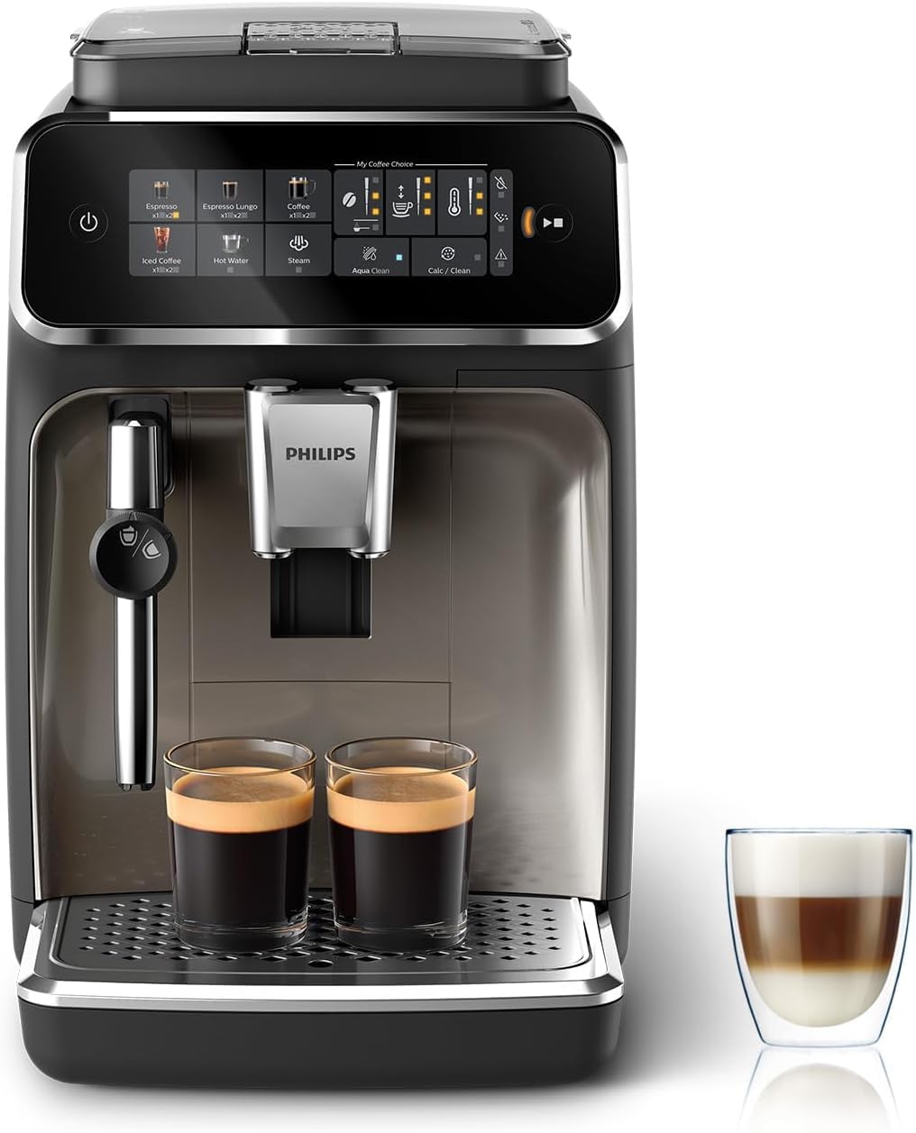 PHILIPS 3300 Series Superautomatic Coffee Maker, Classic Milk Frother, 5 Coffee Types, SilentBrew, Ceramic Grinder, Touch Screen, Black Chrome (EP3326/90)