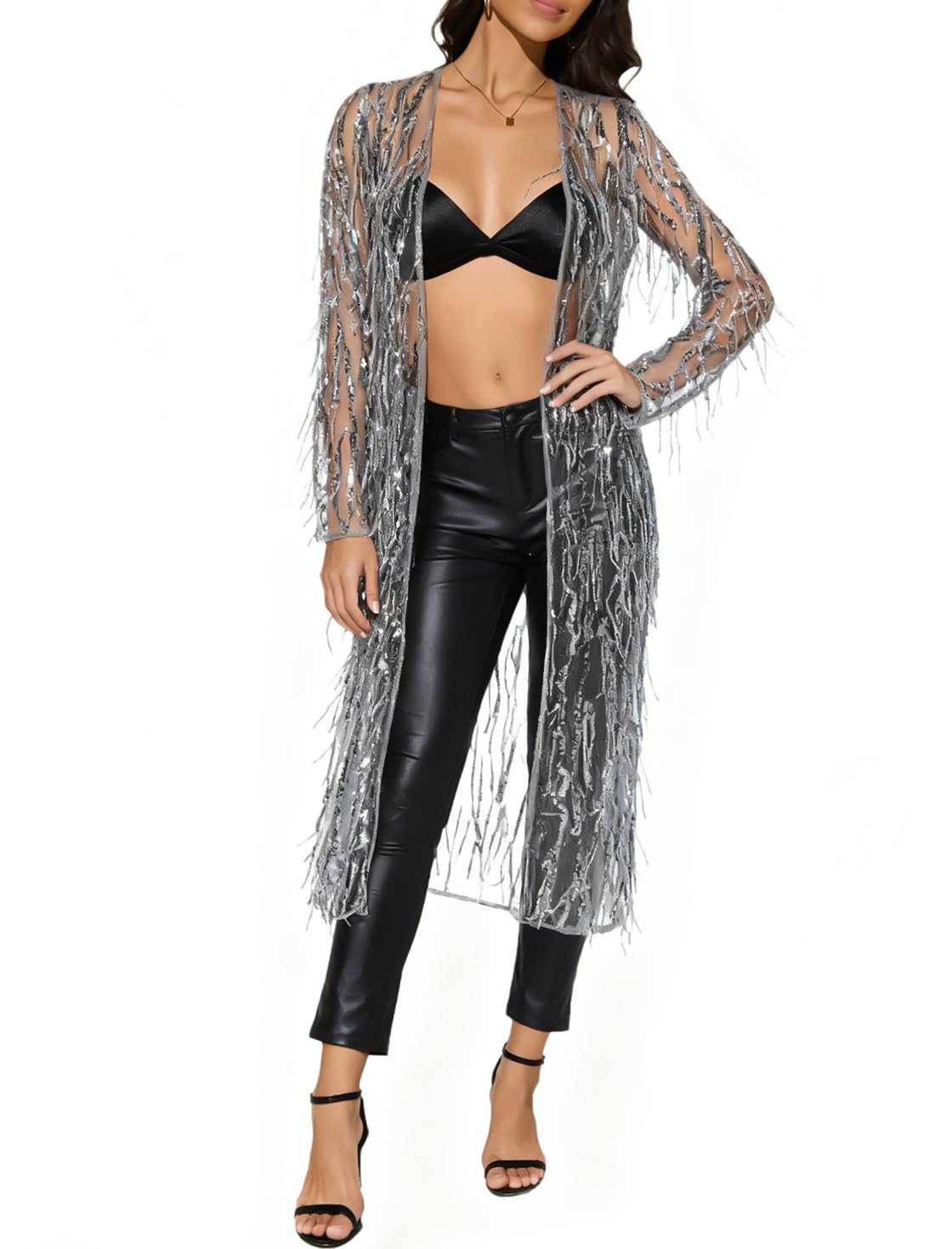 YYA Womens Sequin Long Cardigan Sparkly Shimmer Open Front Draped Evening Cover Up Blouse for Party Wedding Night