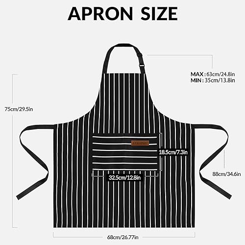 Miniatura 2 de ATROPOS Paquete de 2 delantales de cocina ajustables con babero suave con 2 bolsillos para mujeres y hombres, chef L, rayas negras y marrones
