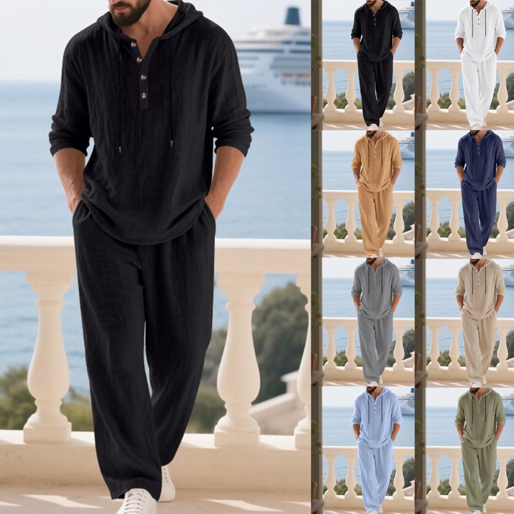 Homme Ensemble en Lin 2 Pièce Chemises Shirt à Capuche Manches Longues Pantalons Casual Vintage Survêtement Printemps Été
