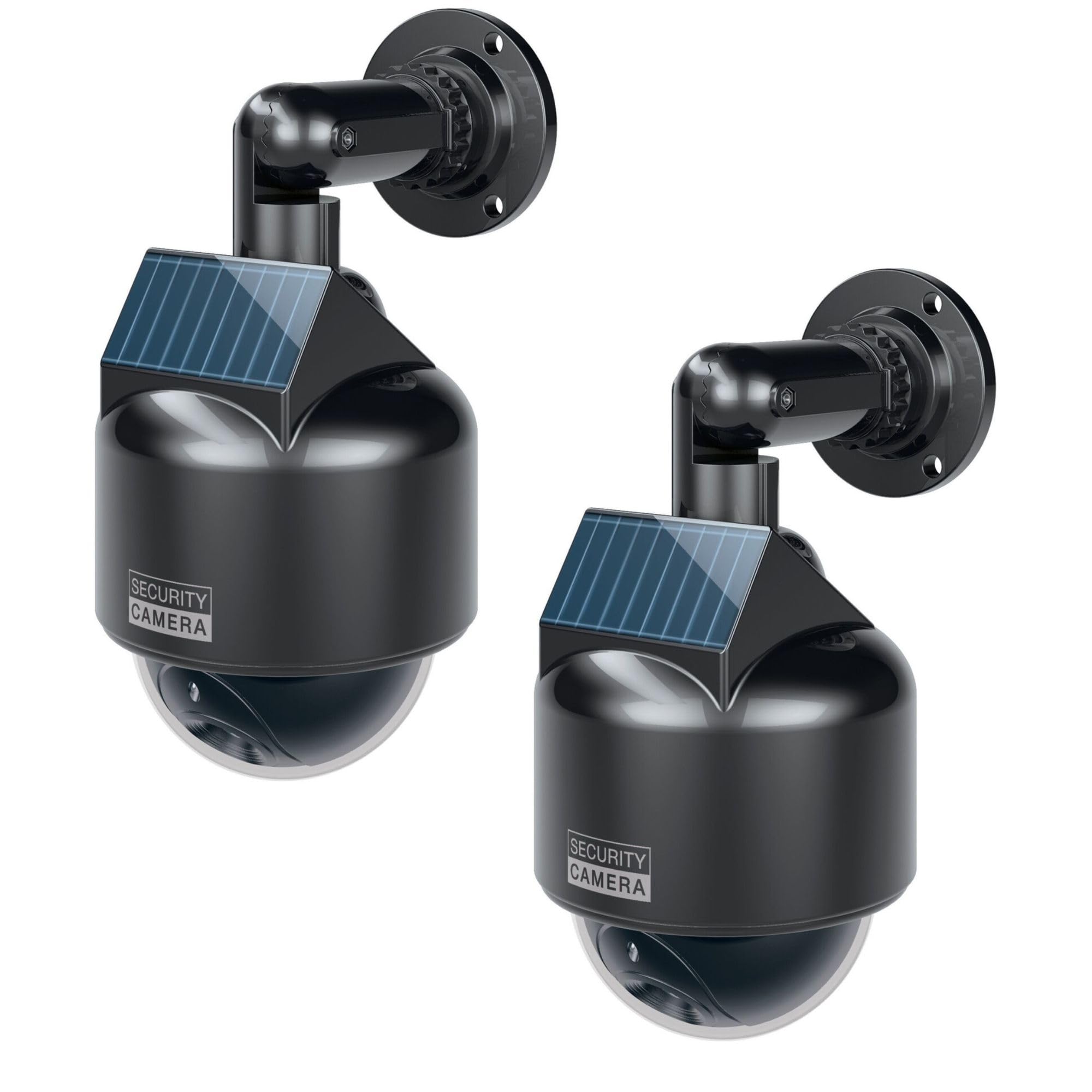 BASI | 2er Set Solar Kamera-Attrappe mit blinkendem LED-Licht | Dome Kamera | Dummy Kamera | Überwachungskamera für Innen- und geschützten Außenbereich | Solar Panel | 360 Grad Halterung | Schwarz