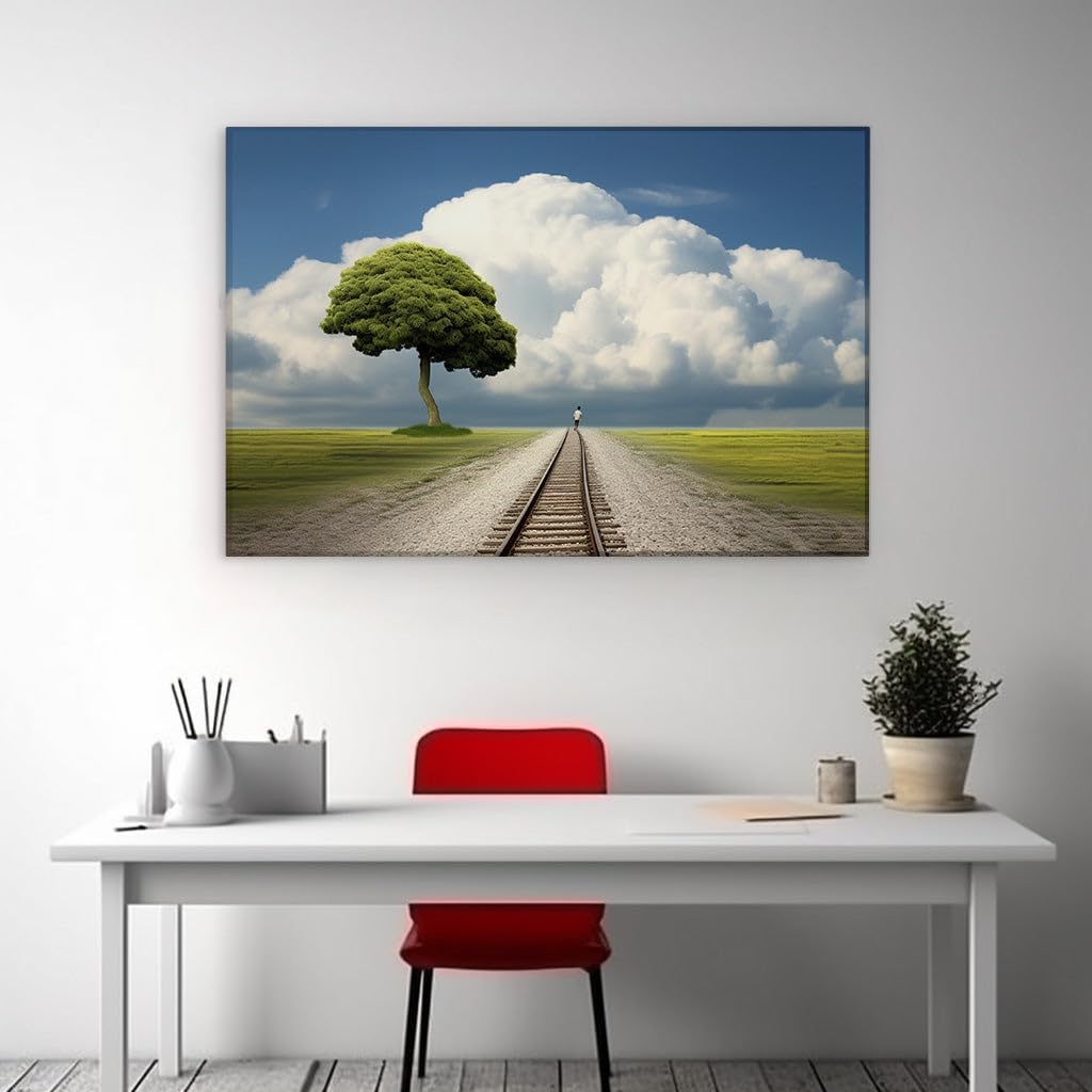 Canvas for Living room. Solitude Amidst Infinity: Where Sky Meets Earth on a Lonely Railroad Track, 27 x 18 inch Canvas Wall Art - Contemporary Masterpieces - Modern Home Decor