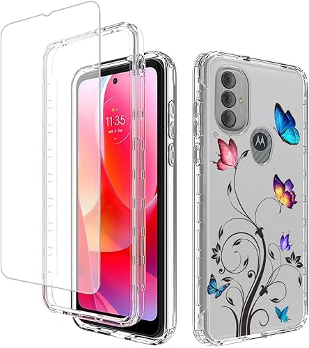 Funda para Moto G Power 2022, XT2165DL con protector de pantalla de vidrio templado, cuerpo completo transparente con protección floral para
