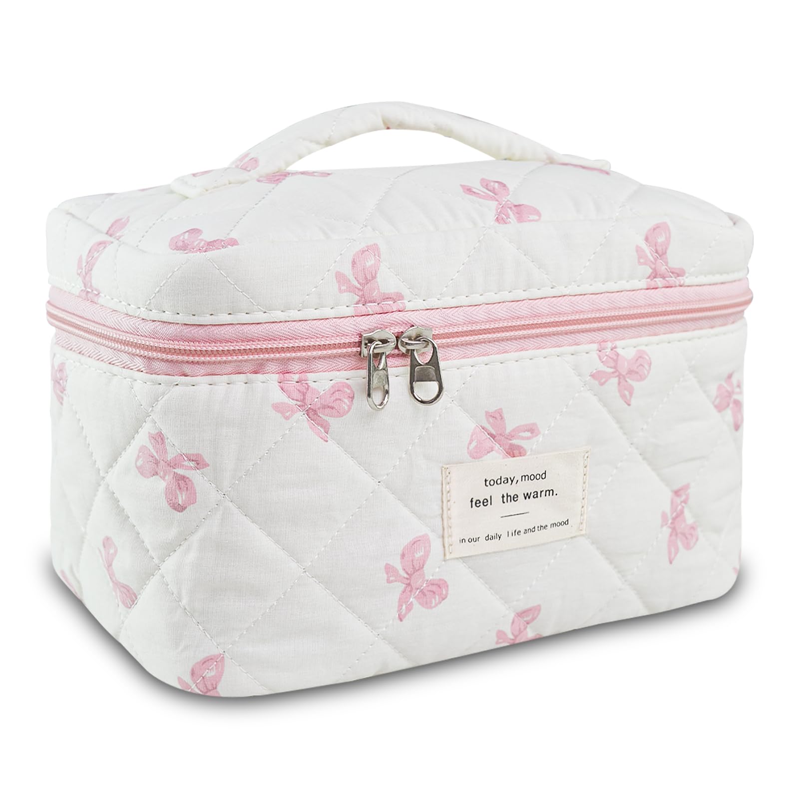 AMZMA Bow Makeup Bag Organizer, Travel Makeup Bags for Women, Quilted Cosmetic Bag for Women, Large Travel Toiletry Bag, Cute Makeup Bags for Teen Girls, Cute Toiletry Bag Organizer