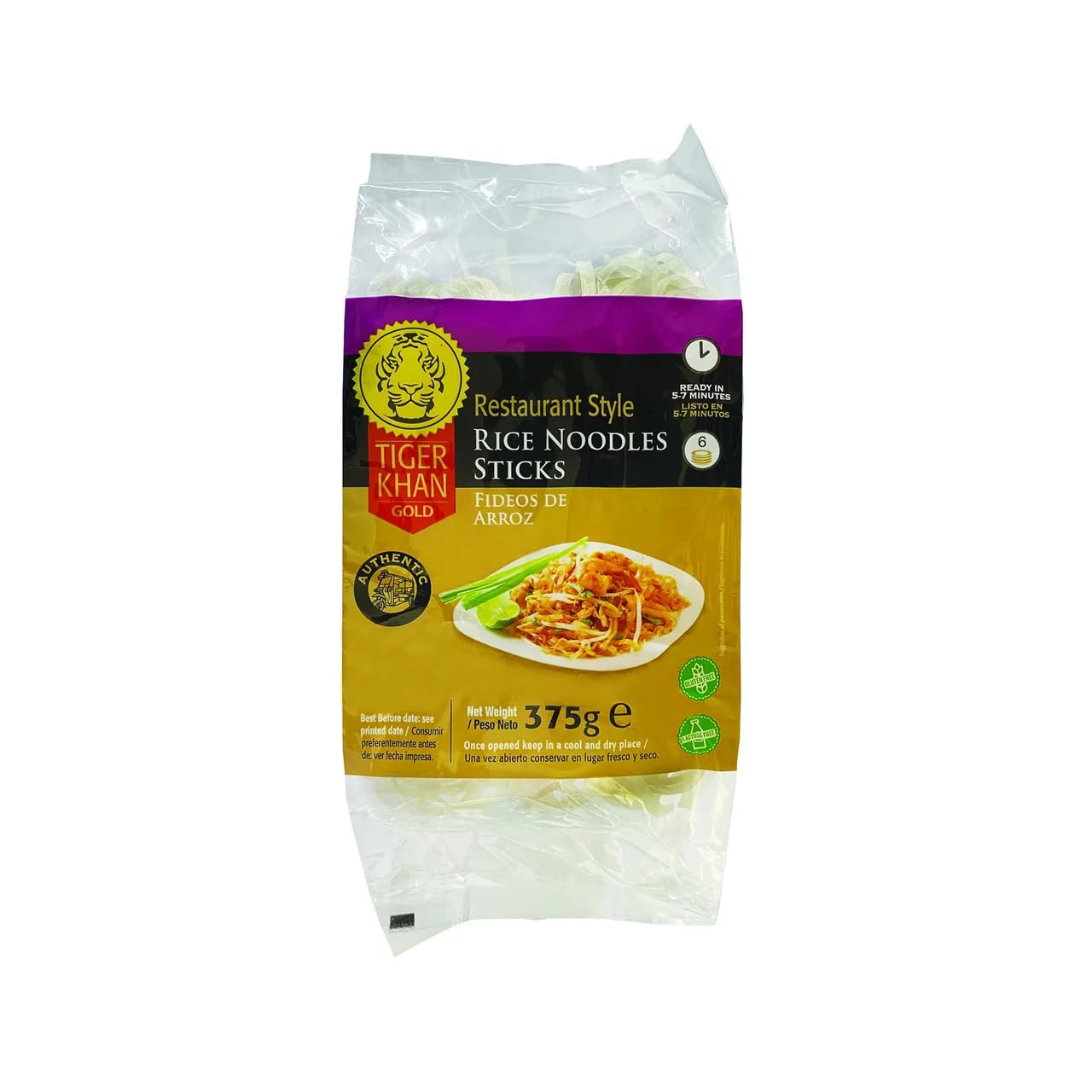 Tallarines de arroz Tiger Khan Tiger Khan, 375 g, paquete de 3